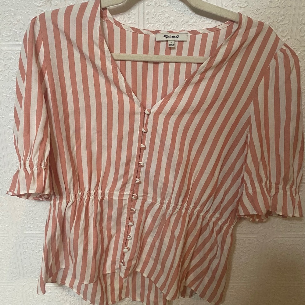 Madewell barn red/white striped button front v-neck peplum blouse